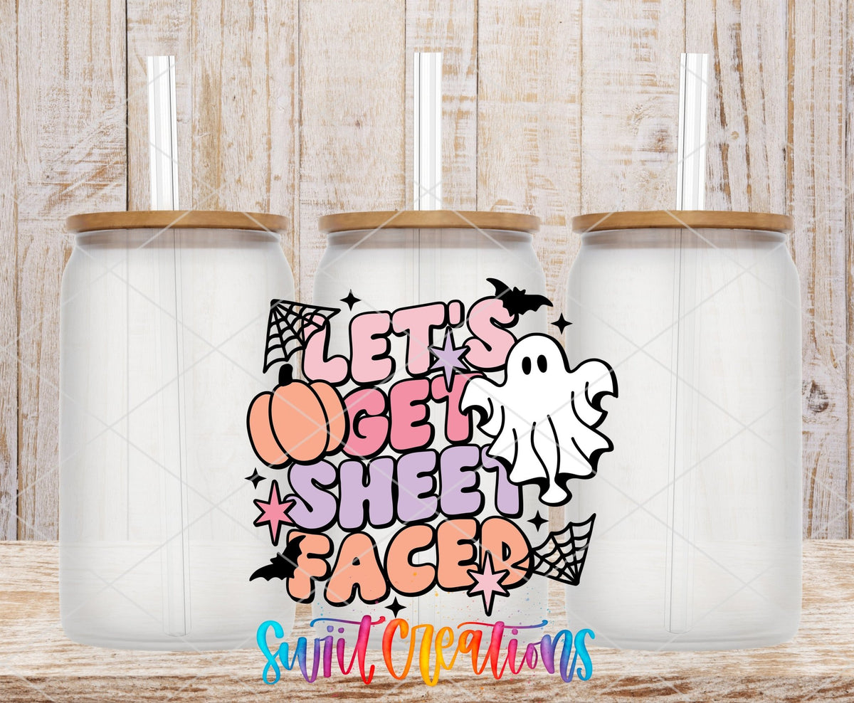 Let's Get Sheet Faced UV DTF transfer on frosted glass cans with bamboo lids