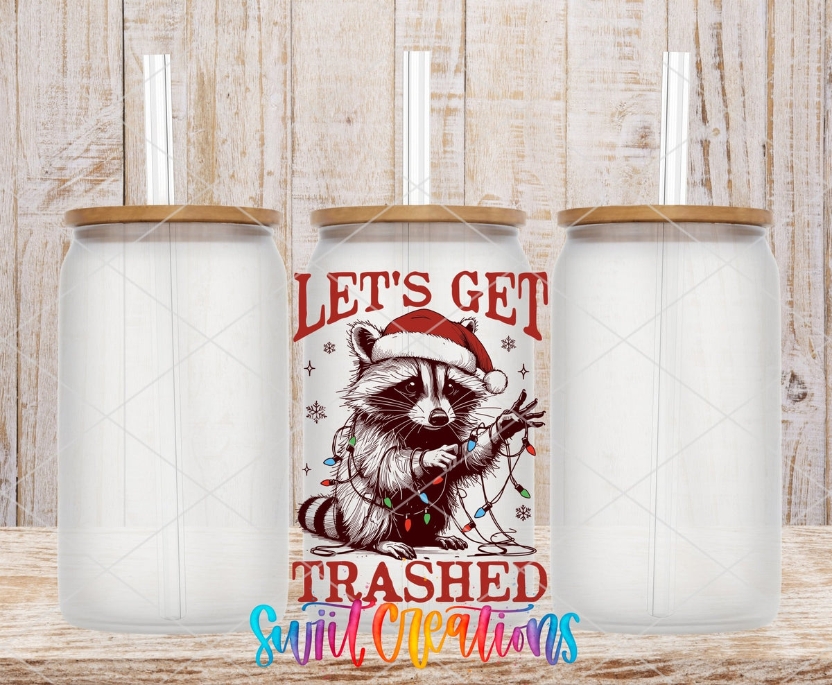 Let's Get Trashed UV DTF transfer on frosted glass cans with bamboo lids