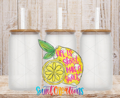 Life Is Short Make It Sweet lemon UV DTF transfer on frosted glass cans with bamboo lids