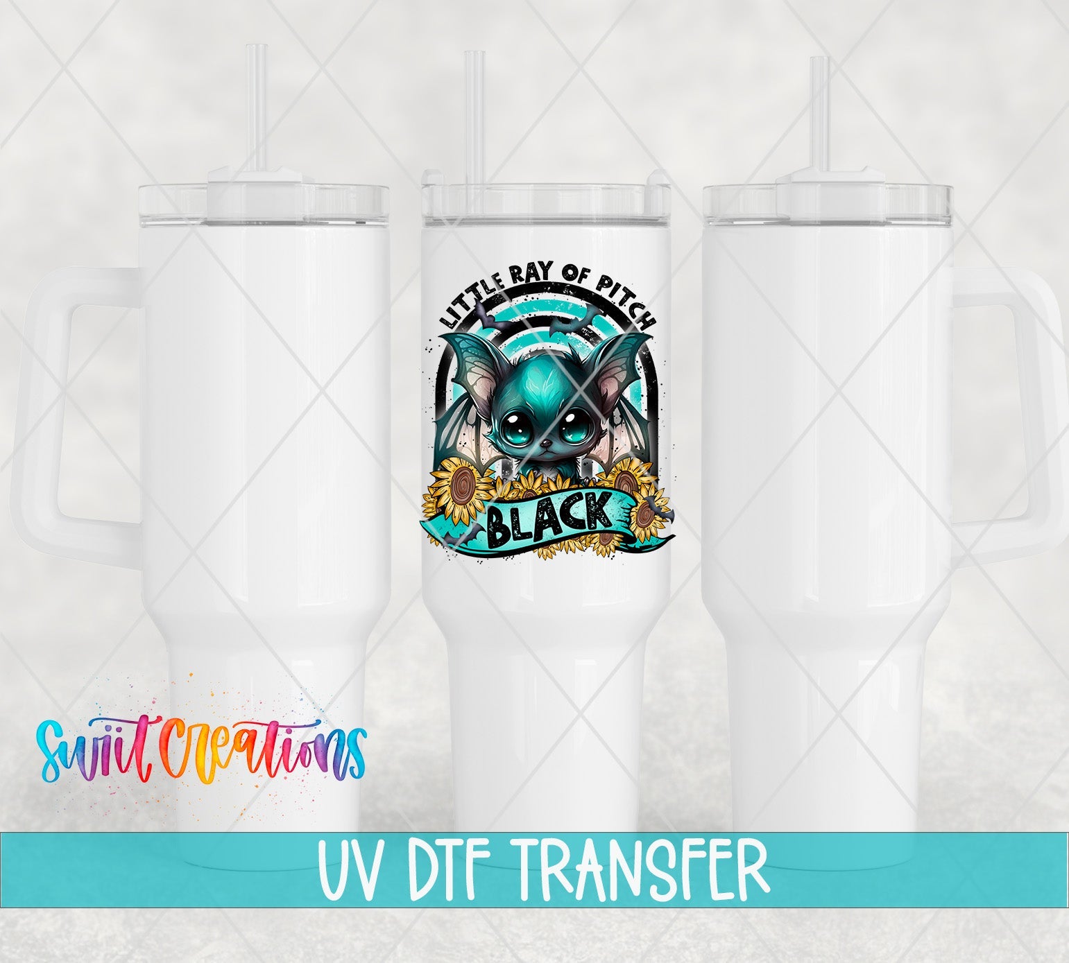 Little Ray of Pitch Black Cute Gothic Bat UV DTF transfer applied to a white tumbler set from Swiit Creations