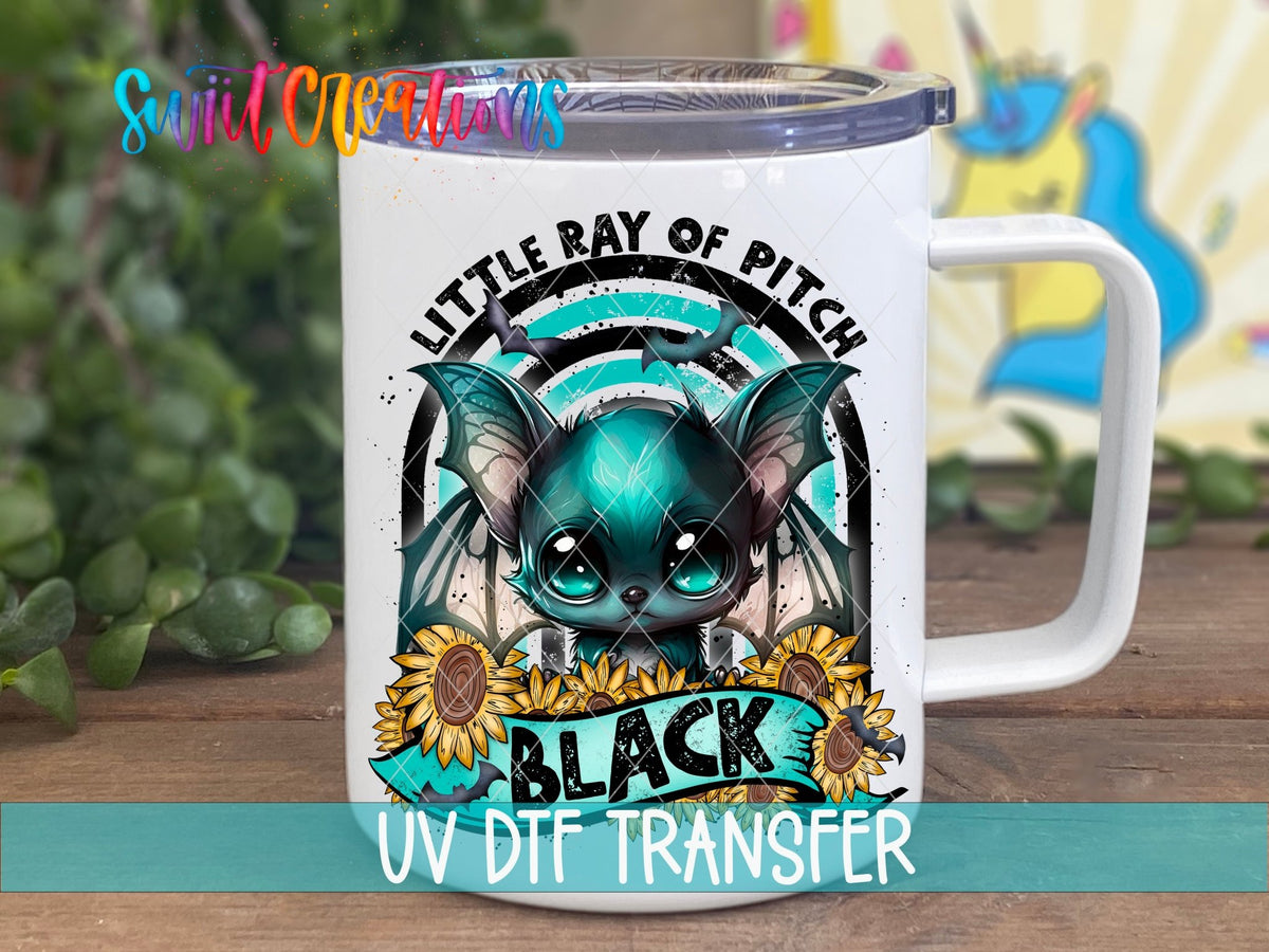 Little Ray of Pitch Black UV DTF transfer on a white stainless steel mug with a lid