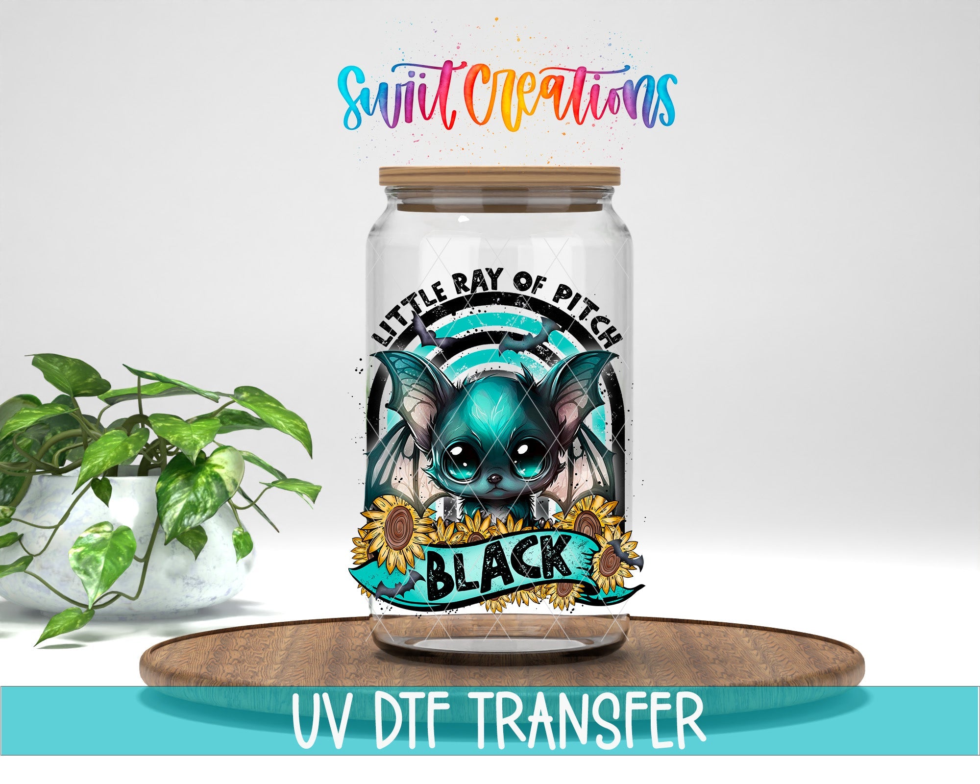 Little Ray of Pitch Black Cute Gothic Bat UV DTF transfer displayed on a clear jar mockup from Swiit Creations