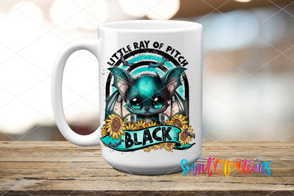 Little Ray of Pitch Black UV DTF transfer on a white ceramic coffee mug