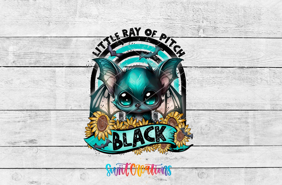 Little Ray of Pitch Black UV DTF transfer artwork on a white wood background