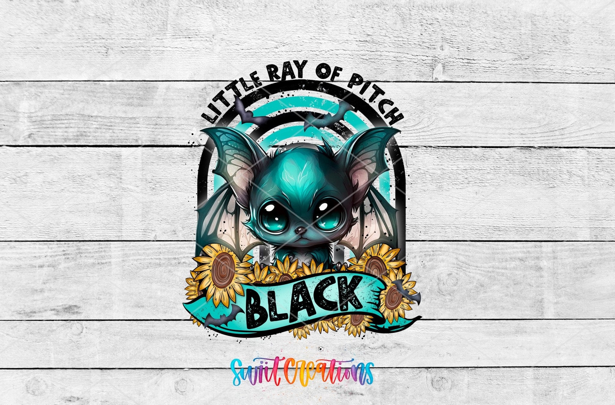 Little Ray of Pitch Black Cute Gothic Bat UV DTF transfer shown as a full artwork preview from Swiit Creations