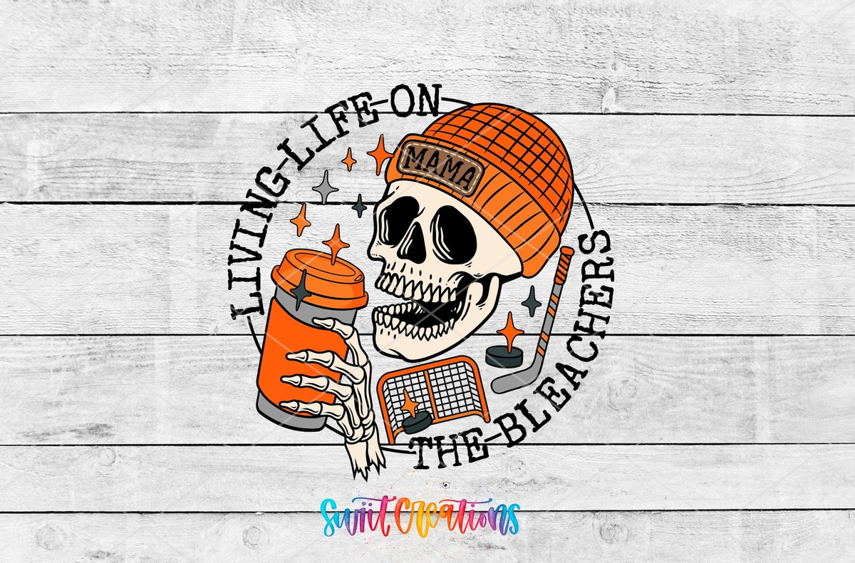 Living Life on the Bleachers skeleton in an orange mama cap UV DTF transfer artwork on a white wood background