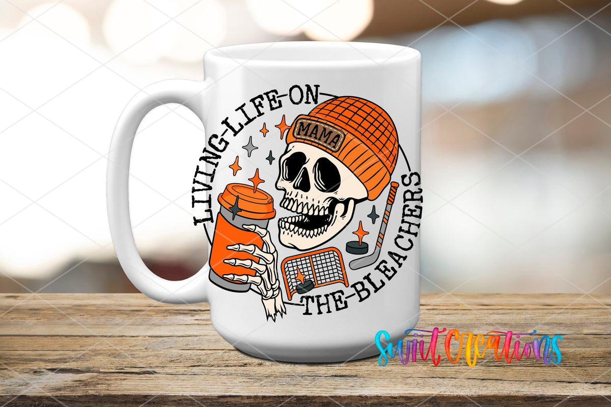 Living Life on the Bleachers skeleton in an orange mama cap UV DTF transfer on a white ceramic coffee mug