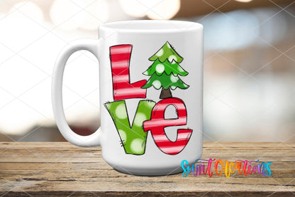 Love Christmas Tree UV DTF transfer on a white ceramic coffee mug