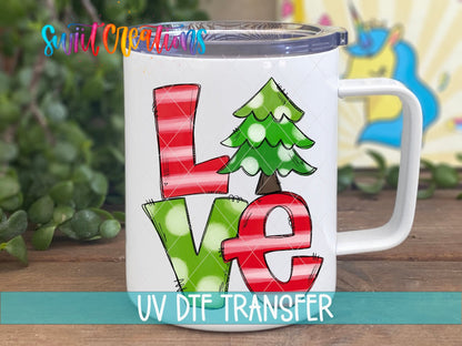 Love Christmas Tree UV DTF transfer on a white stainless steel mug with a lid