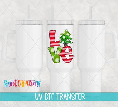 Love Christmas Tree UV DTF transfer on white 40 oz tumblers