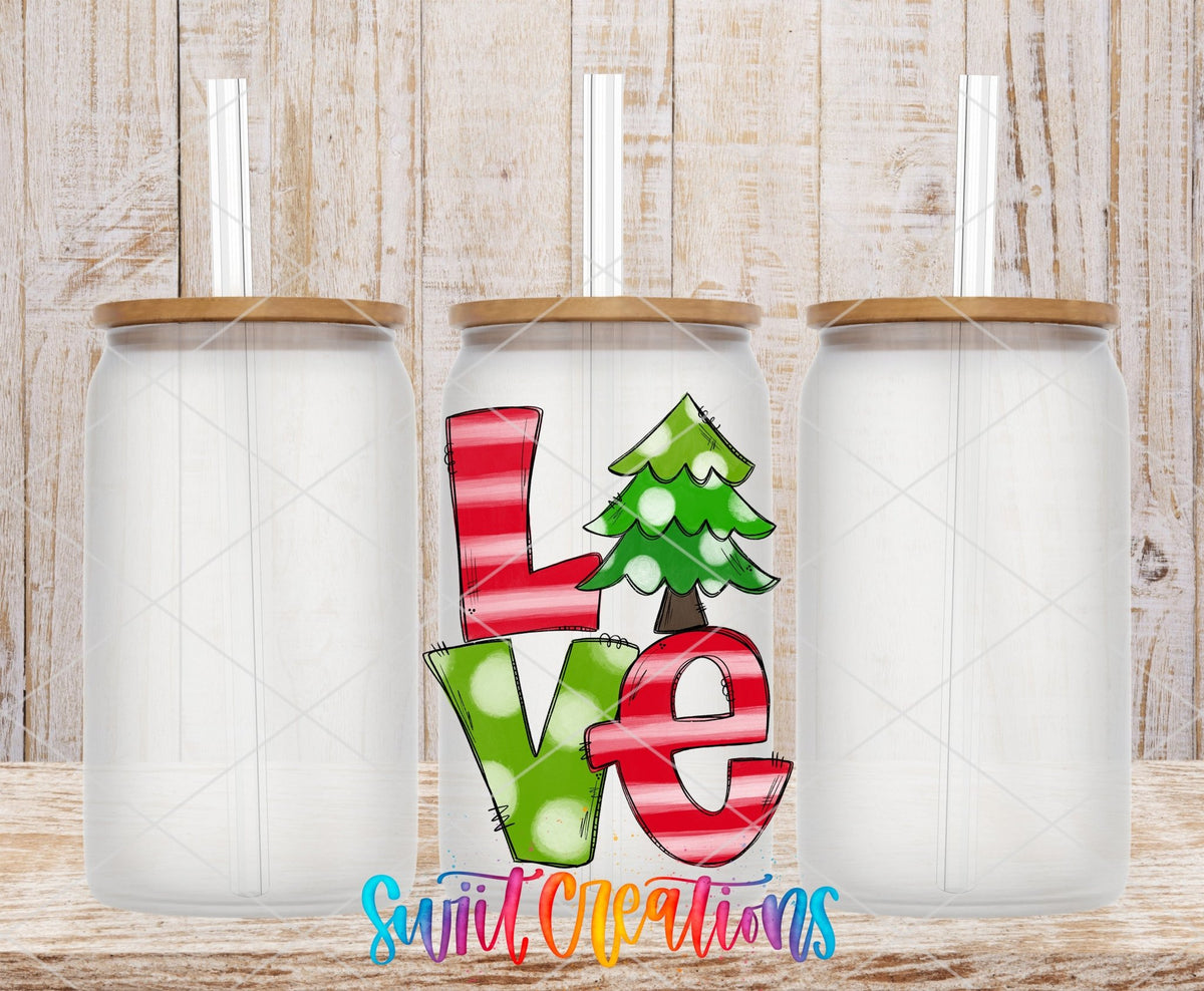 Love Christmas Tree UV DTF transfer on frosted glass cans with bamboo lids