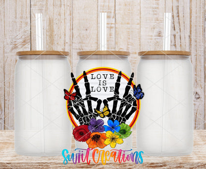 Love Is Love UV DTF transfer on frosted glass cans with bamboo lids