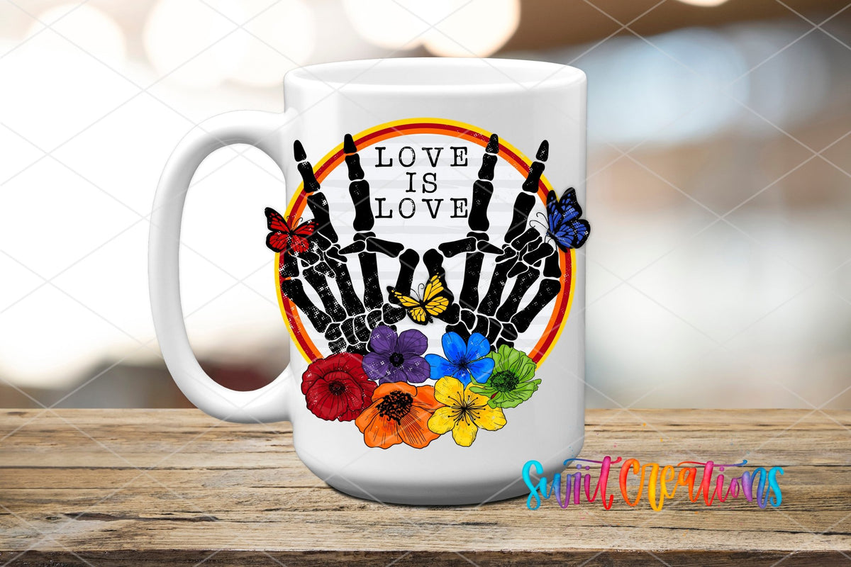 Love Is Love UV DTF transfer on a white ceramic coffee mug