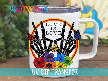 Love Is Love UV DTF transfer on a white stainless steel mug with a lid