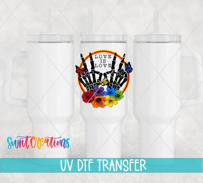 Love Is Love UV DTF transfer on white 40 oz tumblers