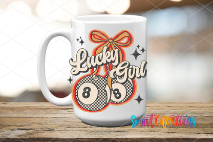 Lucky Girl UV DTF transfer displayed on a white ceramic mug from Swiit Creations