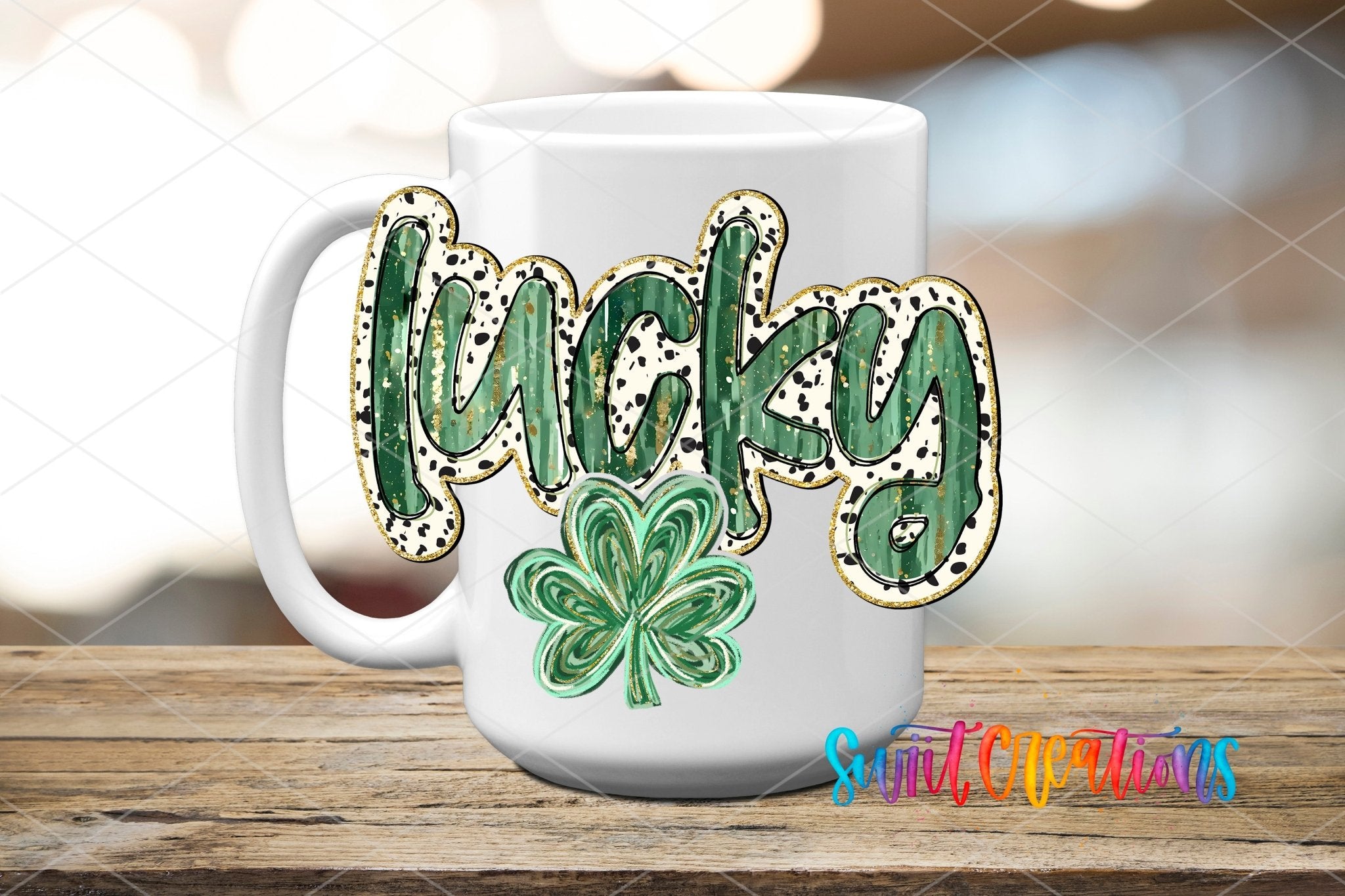 Swiit Creations UV DTF Lucky transfer applied to a white ceramic mug