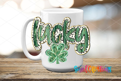 Lucky UV DTF transfer on a white ceramic coffee mug
