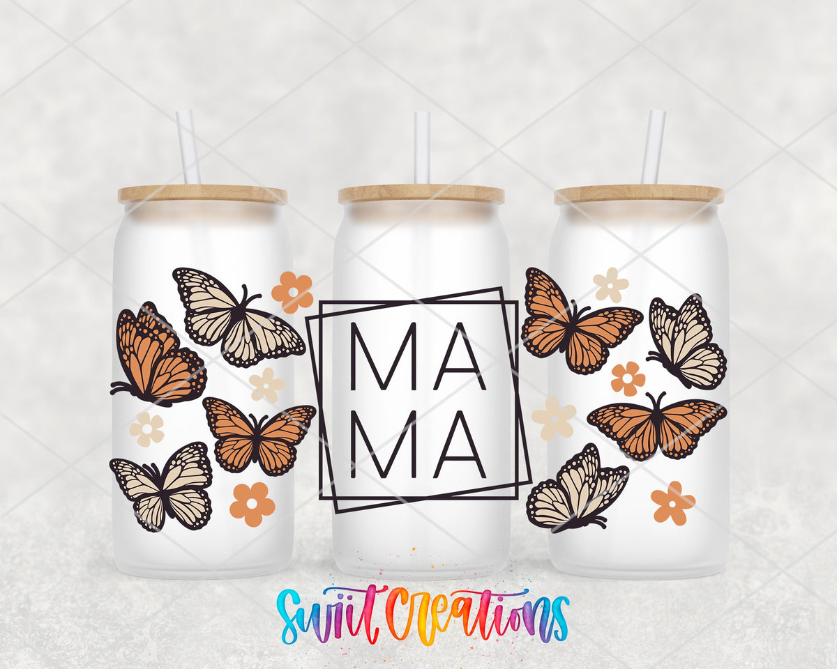 Mama Butterfly UV DTF full wrap on three frosted glass cans