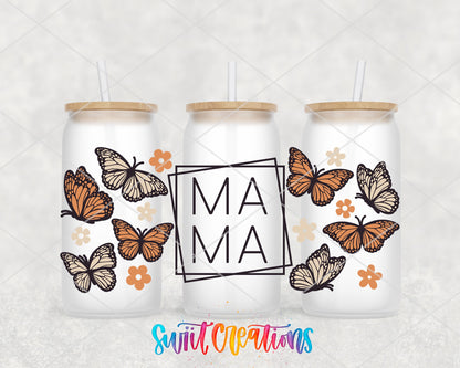 Mama Butterfly UV DTF full wrap on three frosted glass cans