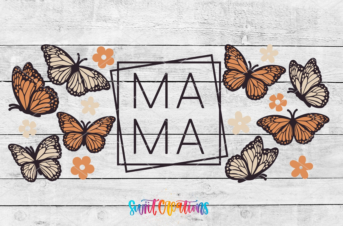 Mama Butterfly UV DTF full wrap artwork on a white wood background