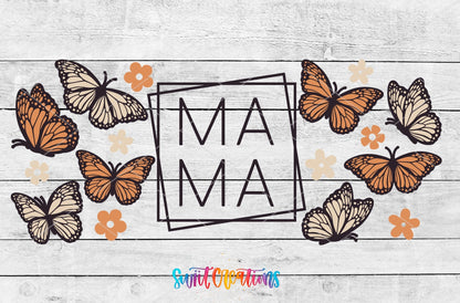 Mama Butterfly UV DTF full wrap artwork on a white wood background