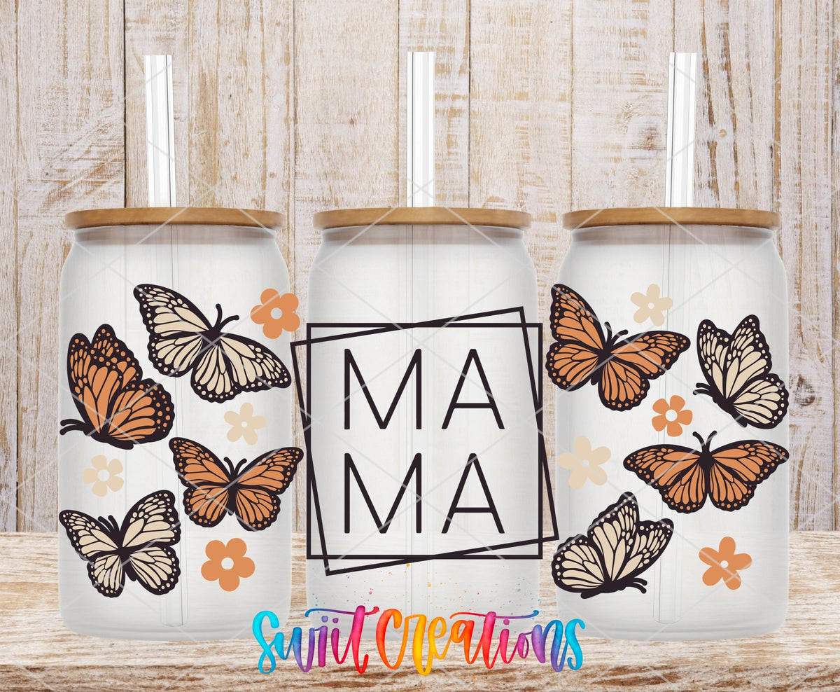 Mama Butterfly UV DTF full wrap on three clear glass cans with bamboo lids