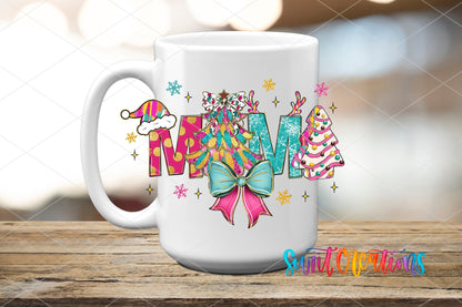 Mama Christmas UV DTF transfer on a white ceramic coffee mug