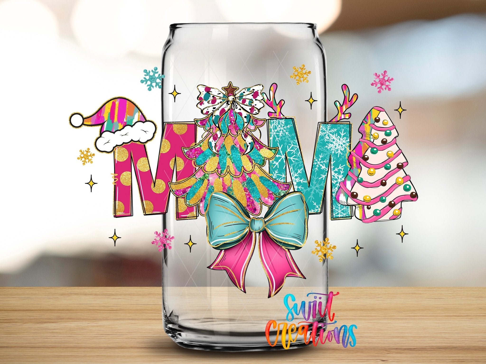 Swiit Creations UV DTF Mama Christmas Pastel Bow Tree transfer applied to a clear glass can