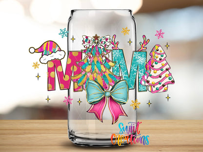 Close-up of the Mama Christmas UV DTF transfer on a clear glass can
