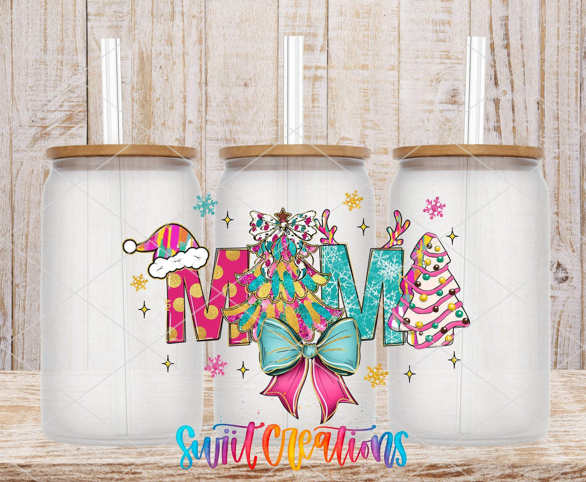 Mama Christmas UV DTF transfer on frosted glass cans with bamboo lids