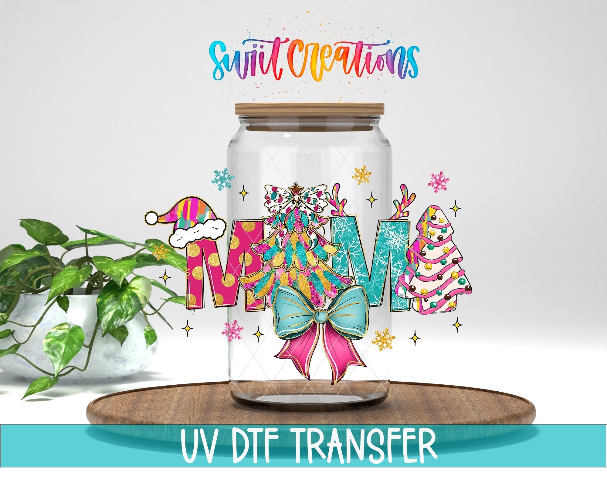 Swiit Creations UV DTF Mama Christmas Pastel Bow Tree transfer displayed on a clear jar mockup