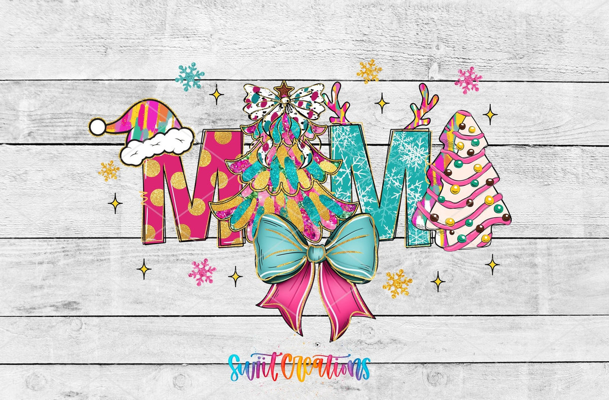 Mama Christmas UV DTF transfer artwork on a white wood background