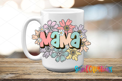 Mama pastel flowers UV DTF transfer on a white ceramic coffee mug