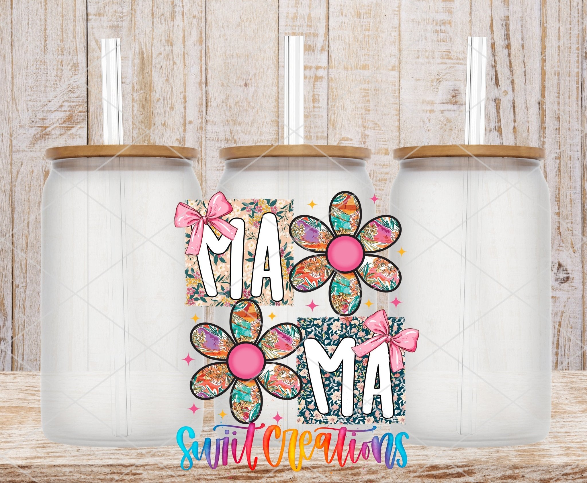 Mama Floral Patchwork Daisy UV DTF transfer applied to a clear glass can set from Swiit Creations