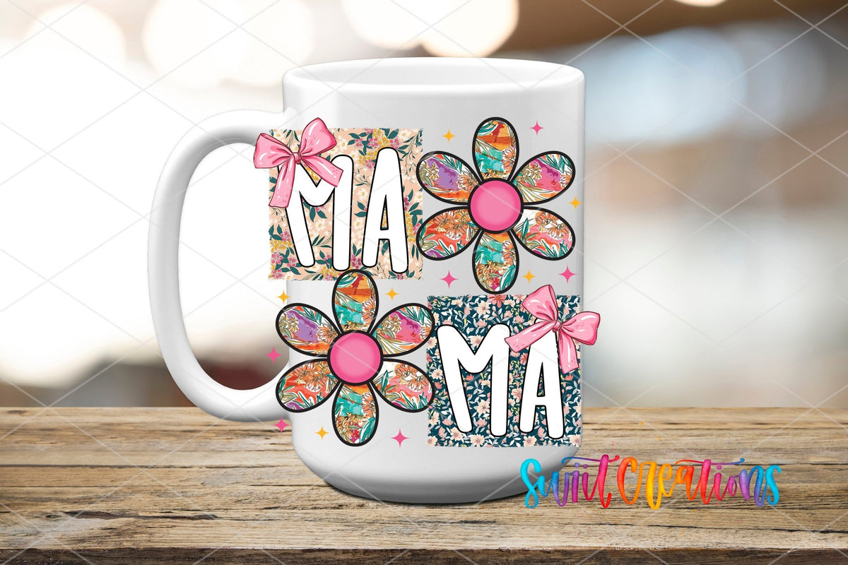 Mama patchwork daisy UV DTF transfer on a white ceramic coffee mug