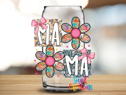 Close-up of the Mama patchwork daisy UV DTF transfer on a clear glass can