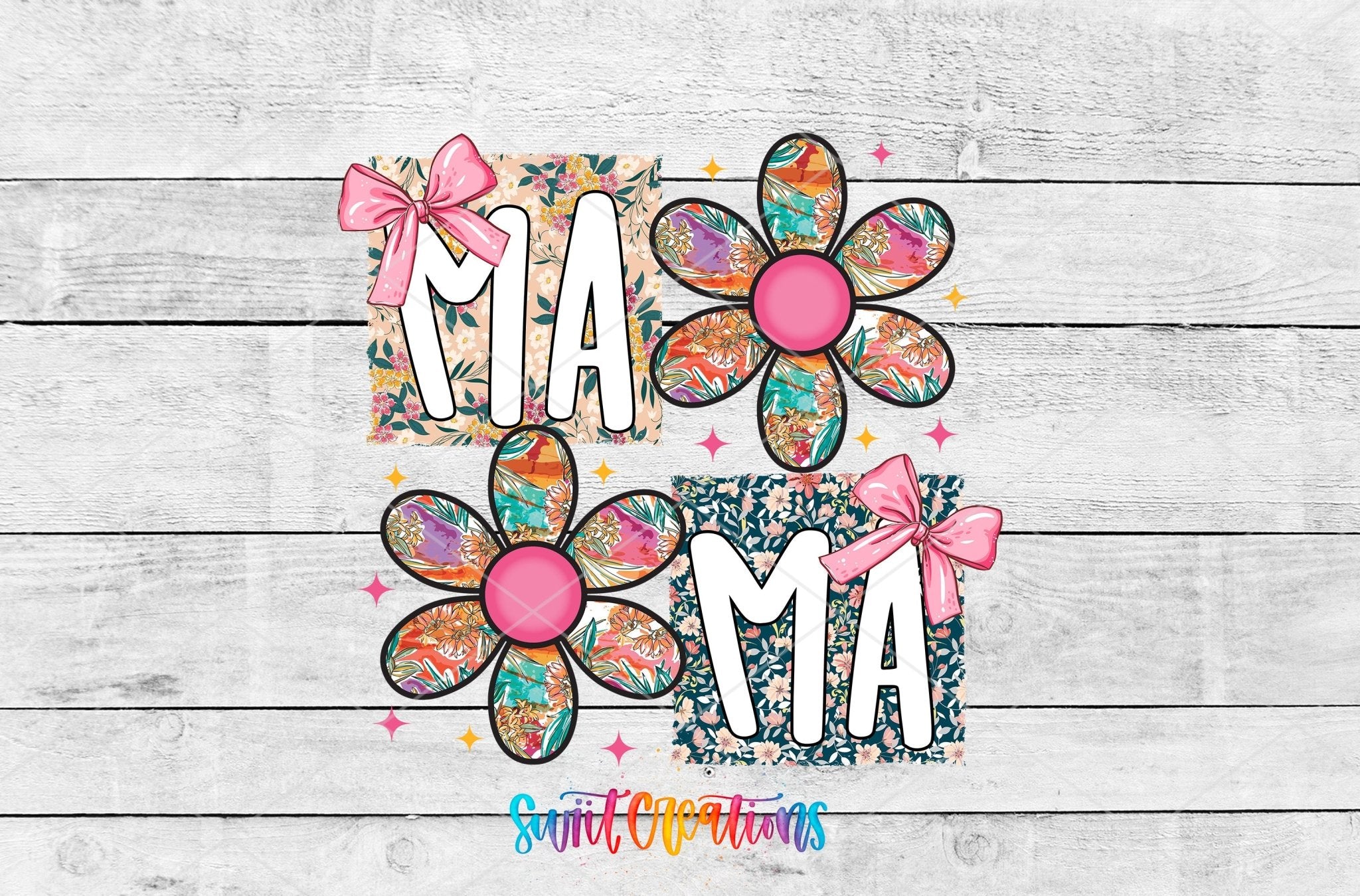 Mama Floral Patchwork Daisy UV DTF transfer shown as a full artwork preview from Swiit Creations