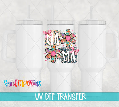 Mama patchwork daisy UV DTF transfer on white 40 oz tumblers