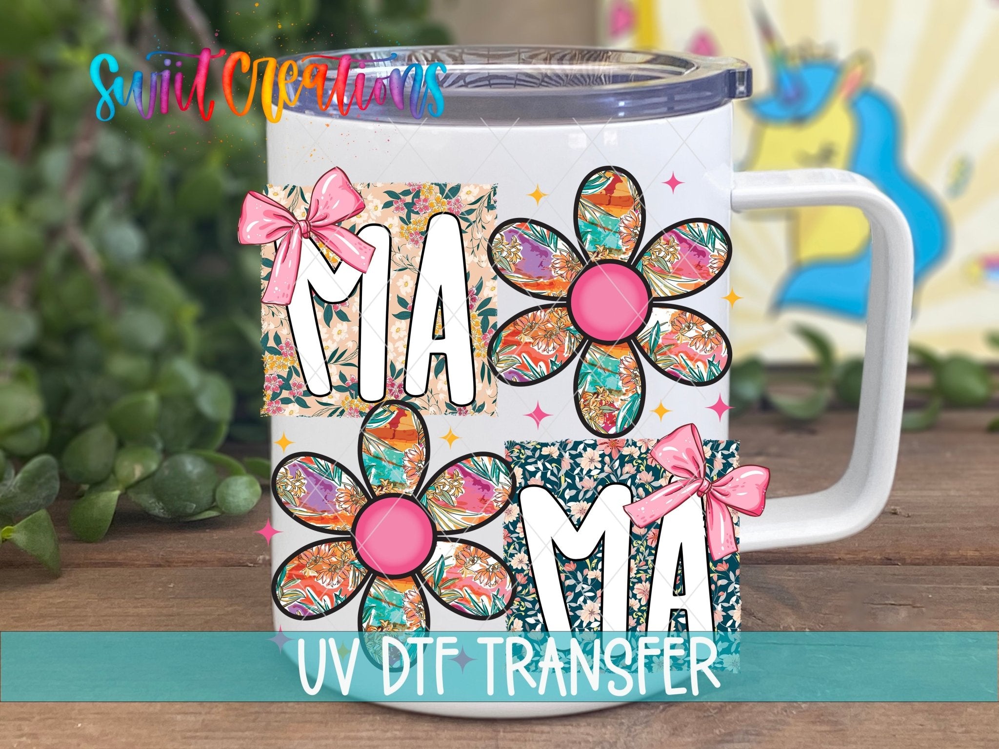 Mama Floral Patchwork Daisy UV DTF transfer displayed on a white coffee mug from Swiit Creations