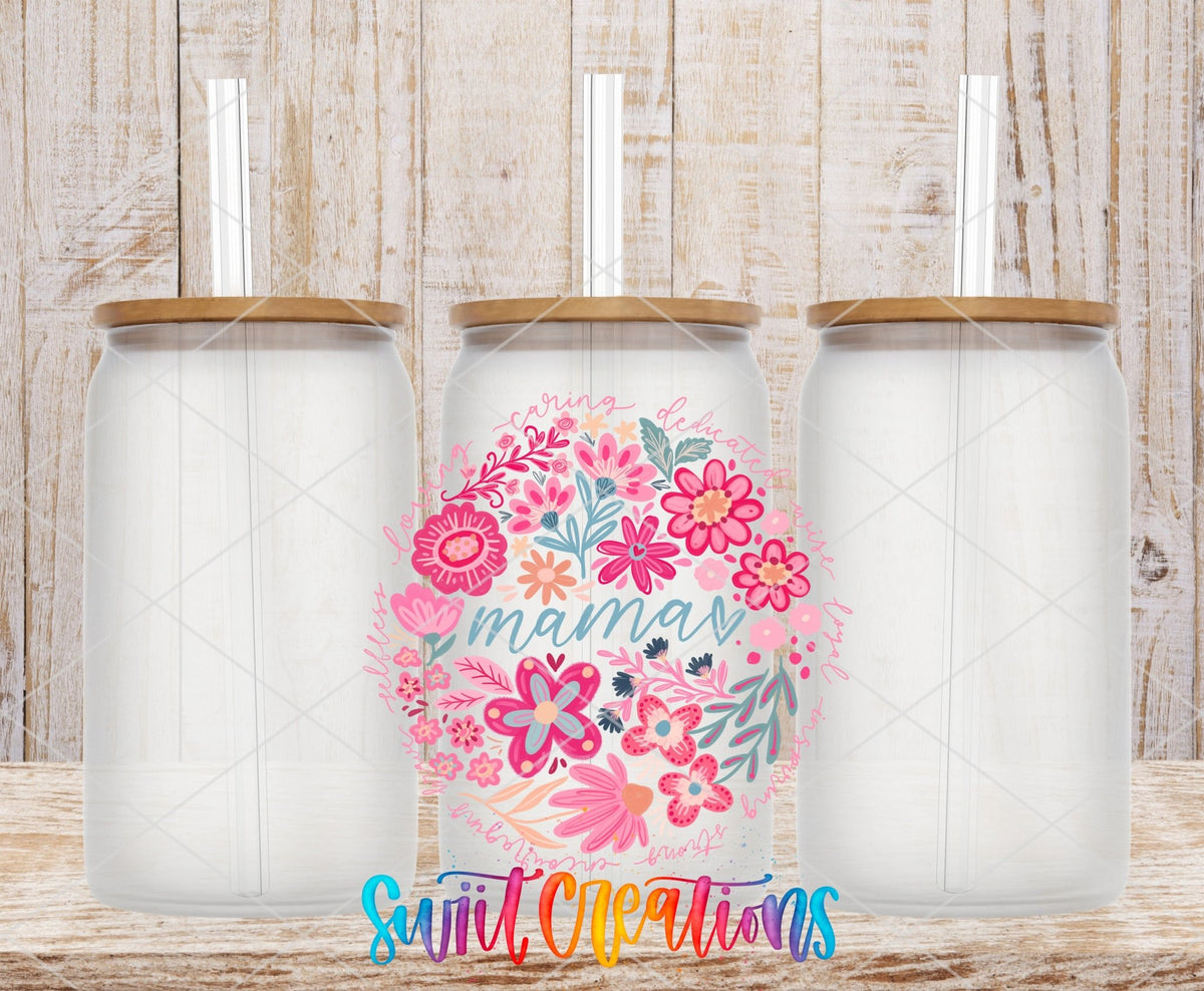 Mama pink floral circle UV DTF transfer on frosted glass cans with bamboo lids
