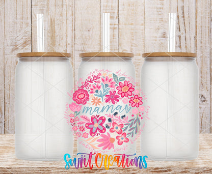 Mama pink floral circle UV DTF transfer on frosted glass cans with bamboo lids