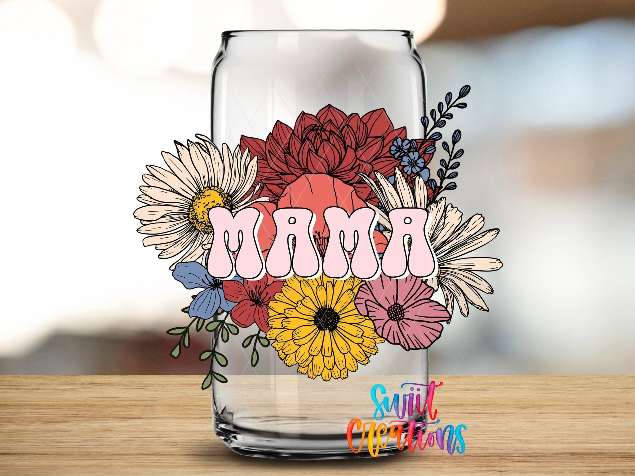 Mama Floral UV DTF Decal | Retro Flower Tumbler Wrap | Colorful Mama Glass Can Transfer | UV620 - Swiit Creations