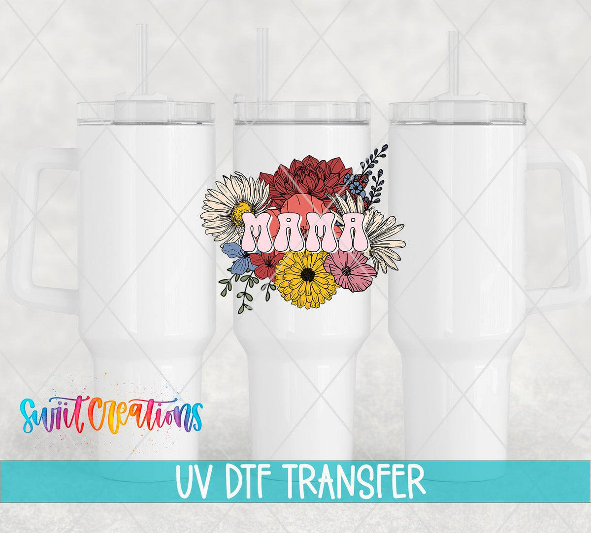 Mama pink letters and wildflowers UV DTF transfer on white 40 oz tumblers