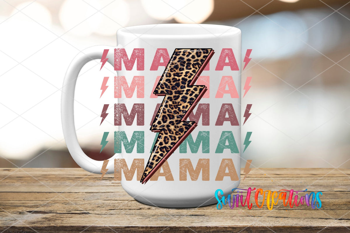 Mama leopard lightning bolt UV DTF transfer on a white ceramic coffee mug