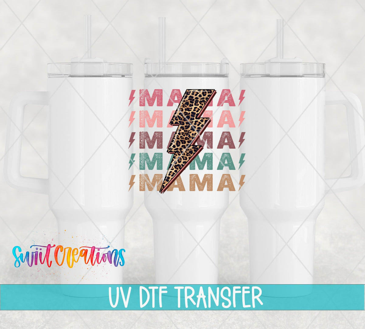 Mama leopard lightning bolt UV DTF transfer on white 40 oz tumblers