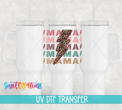 Mama leopard lightning bolt UV DTF transfer on white 40 oz tumblers