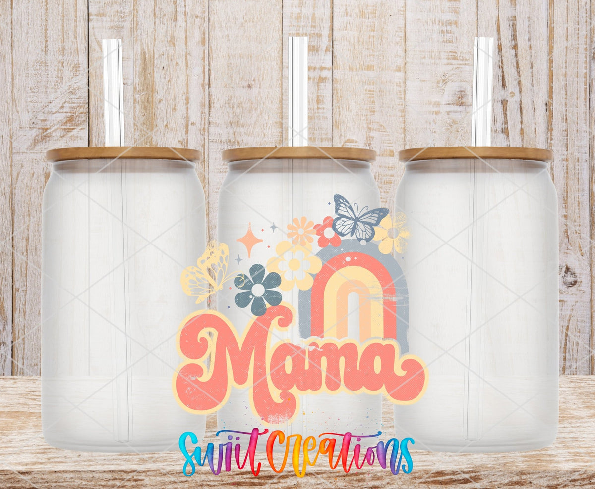 Mama pastel rainbow UV DTF transfer on frosted glass cans with bamboo lids