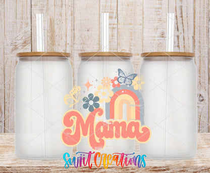 Mama pastel rainbow UV DTF transfer on frosted glass cans with bamboo lids