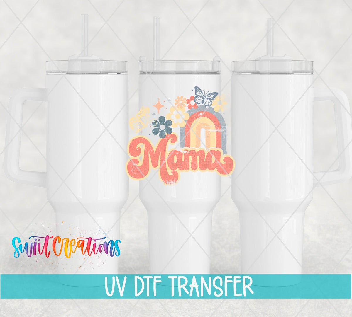 Mama pastel rainbow UV DTF transfer on white 40 oz tumblers